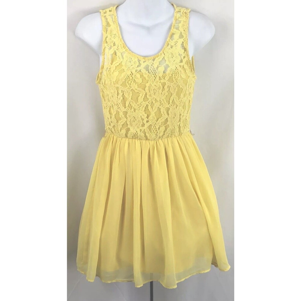 Vintage Sleeveless Lace Mesh Dress S Yellow Chiffon Fit Flare Layers Fairy 90s
